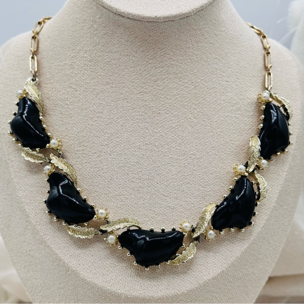 Vintage Coro Black Thermoset Kidney Bean Gold Leaf Design
